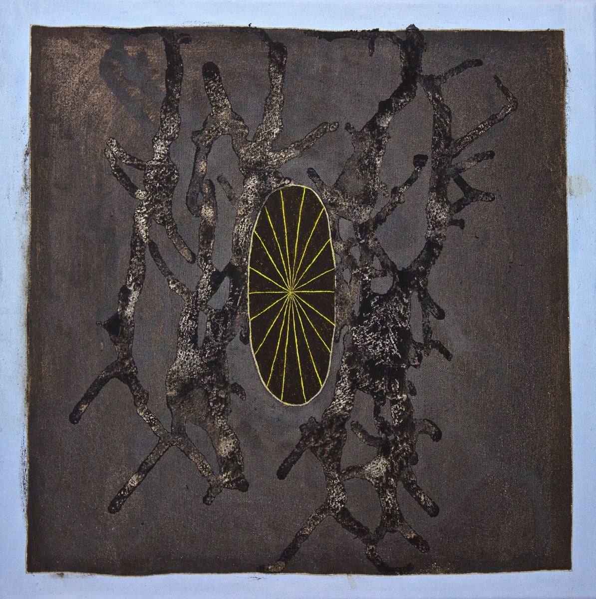 a dark abstract drawing with wheel-like spokes at the center and dark, yet almost metallic branch forms hanging near it