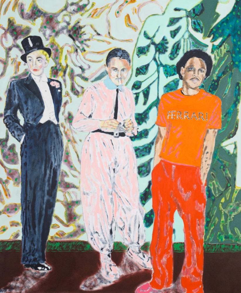 a painting of three figures on a colorful background.