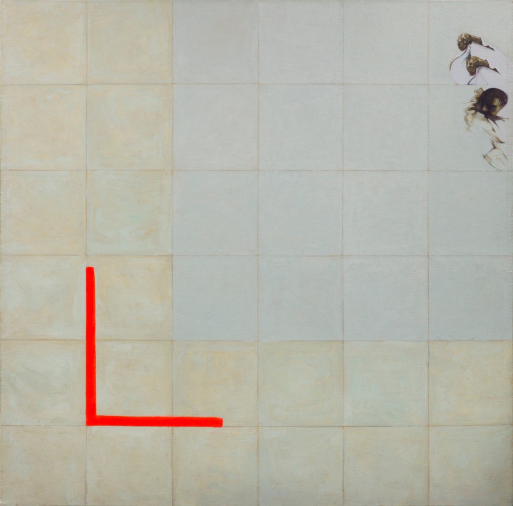 large square painting with painted grid squares on canvas. a bright red L in the lower left hand corner. two ghost like figures in the upper right corner.