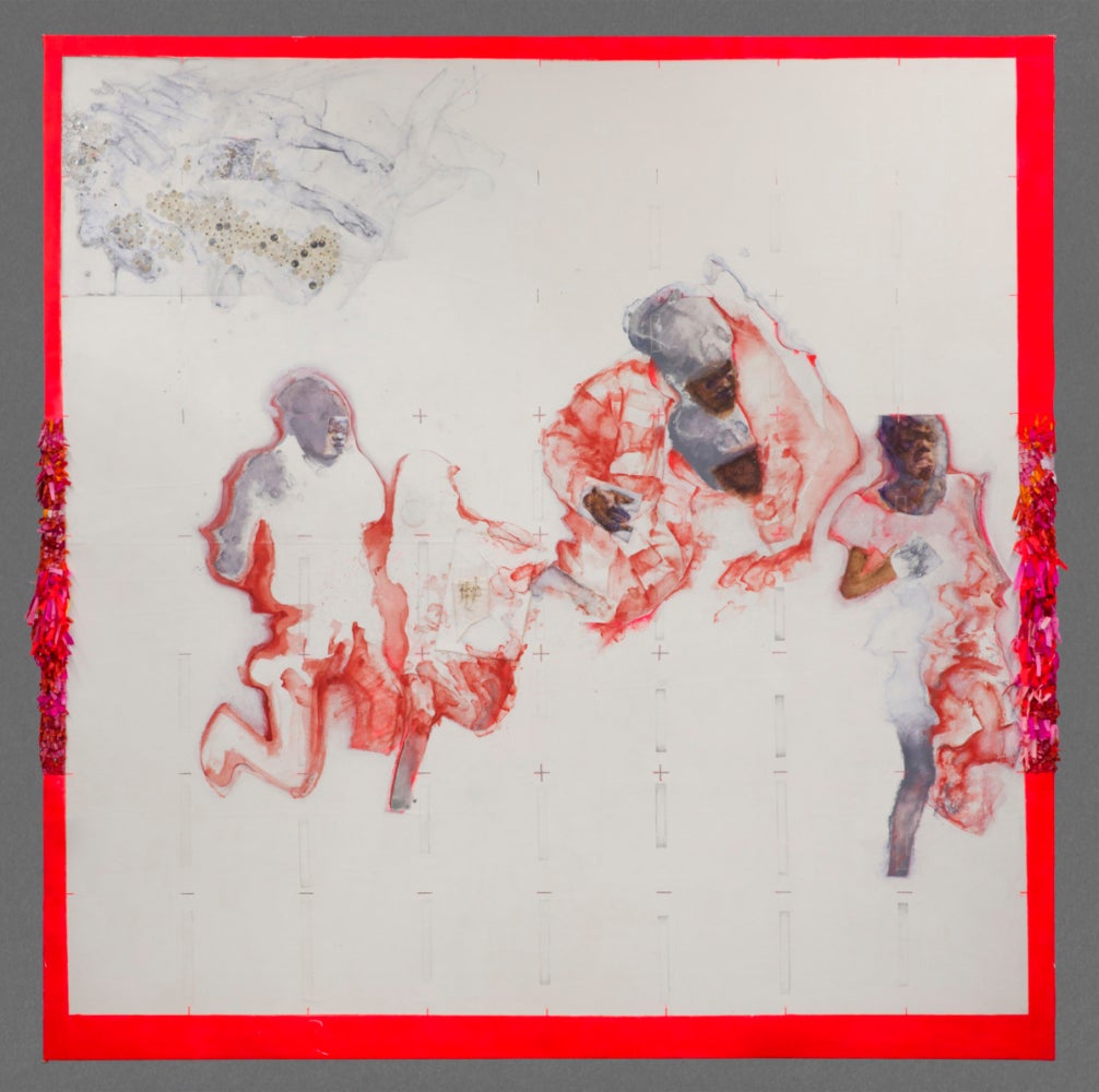 a painting with a red border and graph paper like markings across the whole painting. four Black figures with loose red clothing in the middle of the painting. in the top left corner ghostly hands point at the figures.