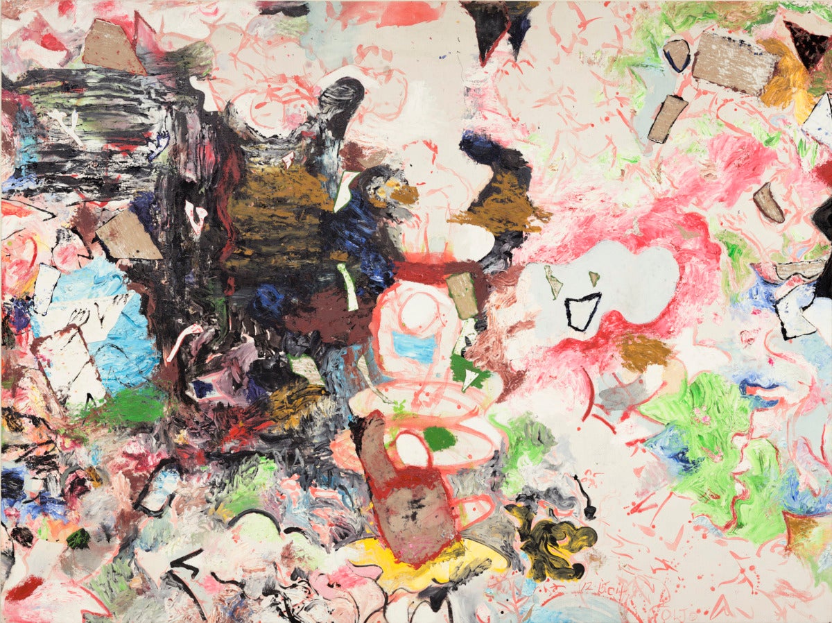 bright, multi colored painting with pink lines and blobs, and a heavy dark left handsome with black, red, and blue colors.