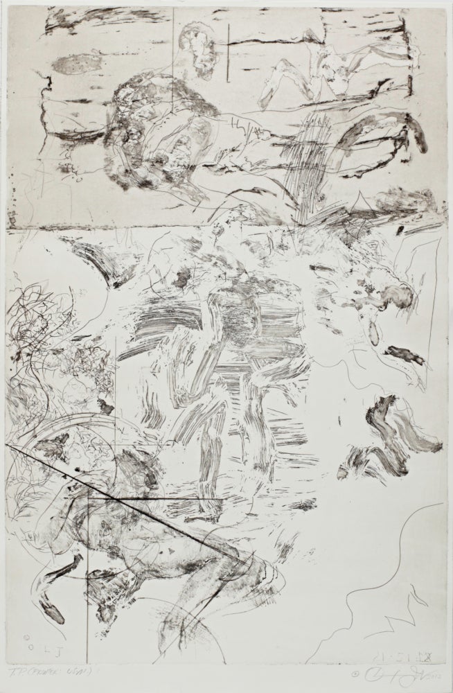 black and white drawing of abstract reclining figures and lines.