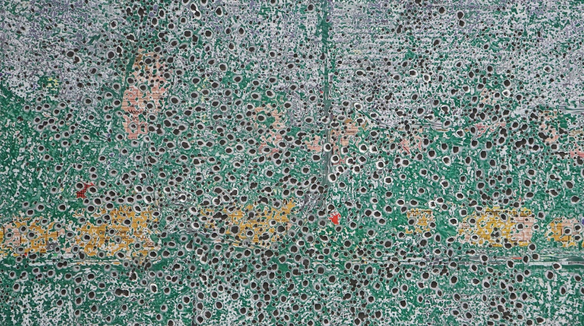 pointilist green and yellow and blue spores with red dot in middle of the painting