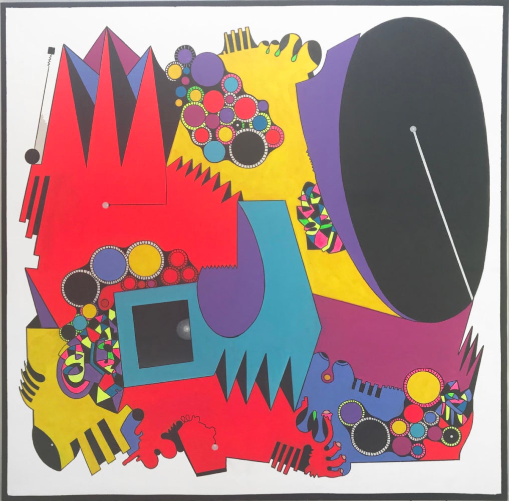 large colorful shapes on a white canvas, mainly red triangles, black and purple circles