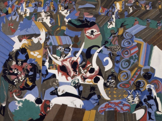 collage work with black silhouette figures in a colorful, buzzing scene dressed in solid primary colors