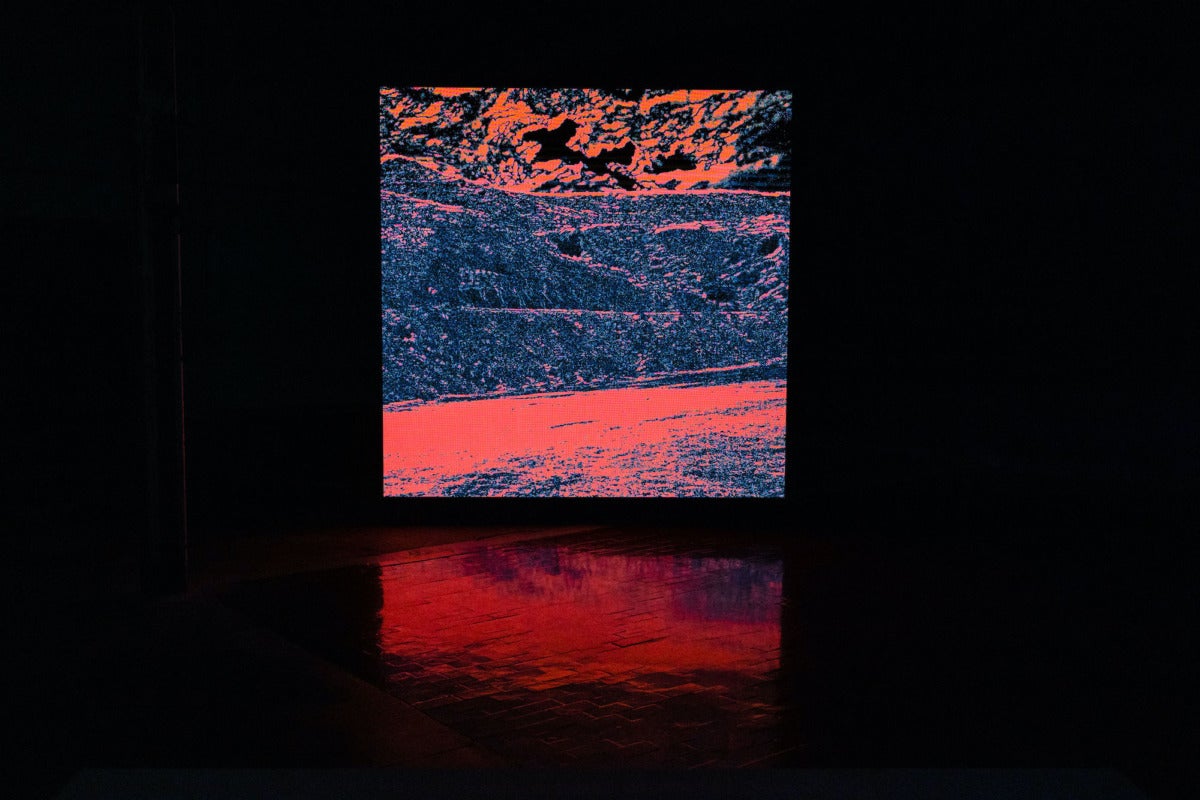Lucy Raven, Demolition of a Wall (Album 2), 2022; color video, quadraphonic sound, 15 minutes, 31 seconds; looped. Courtesy the artist and Lisson Gallery. Photograph of still from film installation by Jared Sorrells.