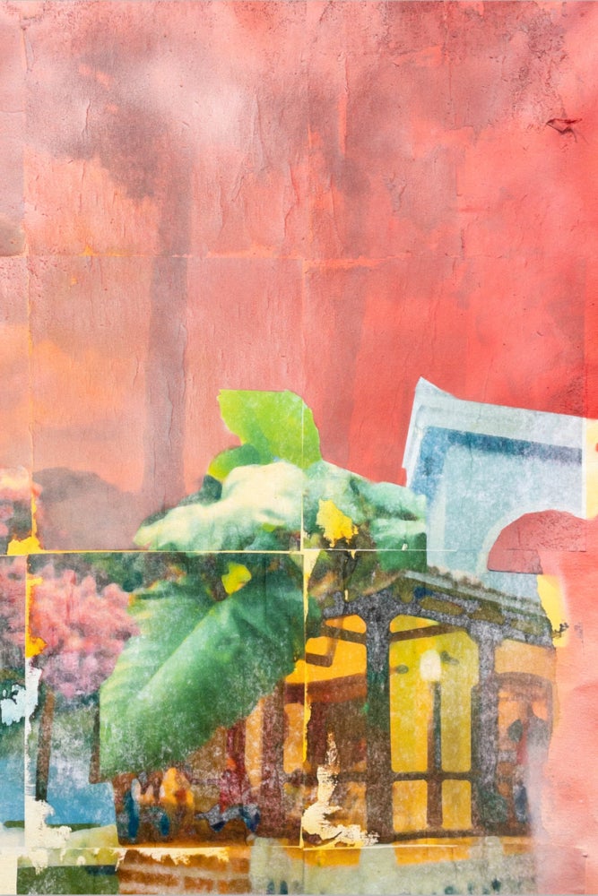pink background banana leaves and homes in foreground
