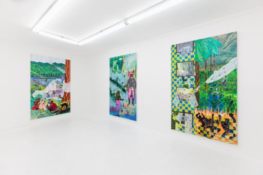 three paintings on white wall