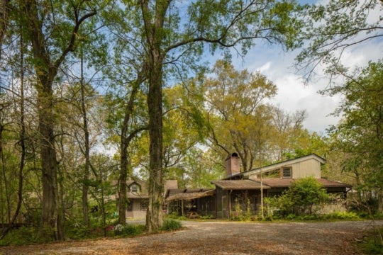 daytime landscape view of a cabin house in the woods