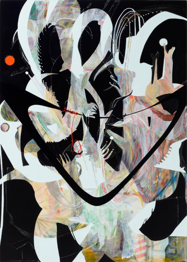 Pastel and black forms intersect in the paintings. Shapes that looks like faces or hands are outlined by black and white shapes and lines.