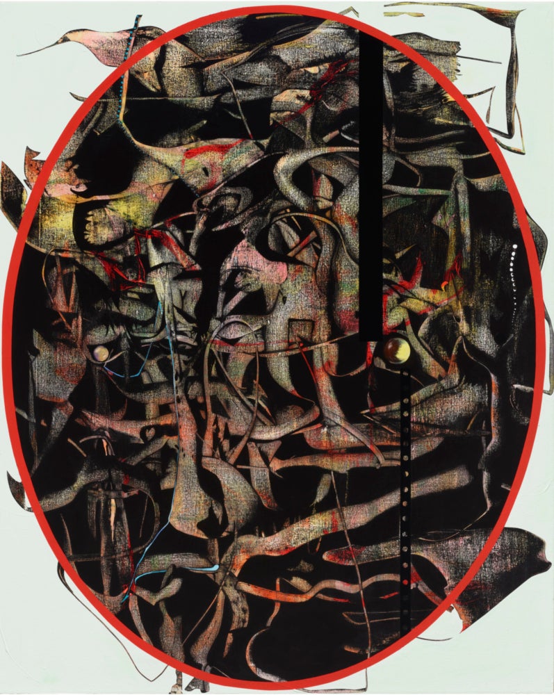 Painting with a red oval touching the edges. Black shapes inside of the red oval with paint scrapped off in squiggly lines. 