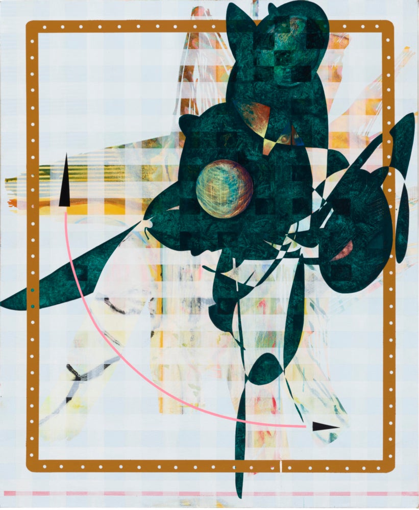 Layered painting with brown rectangle frame at the edges. Dark green forms are squeezed inside of and outside of the rectangle.