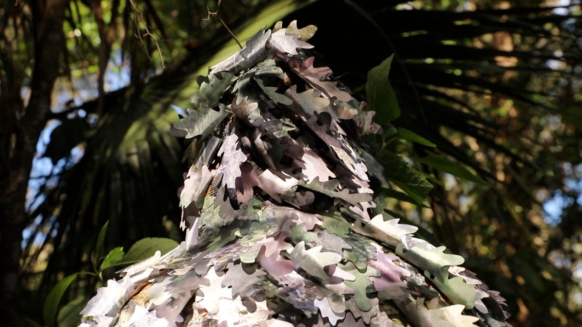 figure facing away from the camera that is covered in artificial leaves