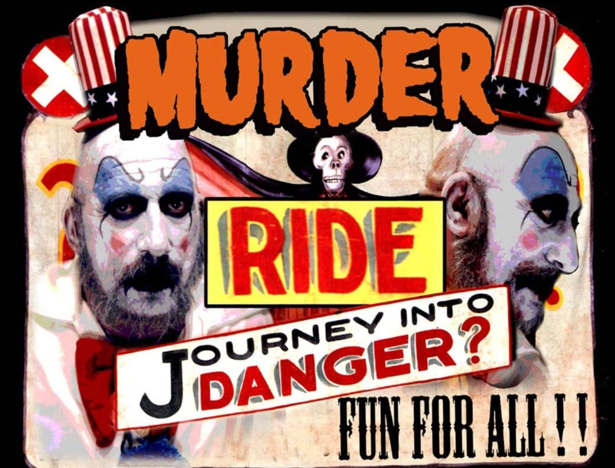 A fun house poster that says "murder ride journey into danger? Fun for all!" with a skeleton and two clown faces.