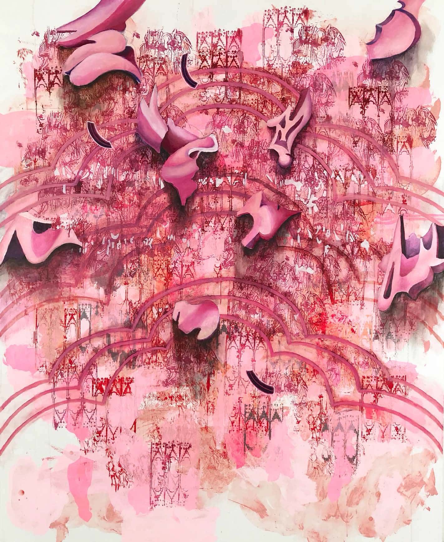 image of abstract drawing with pink and red shapes and lines