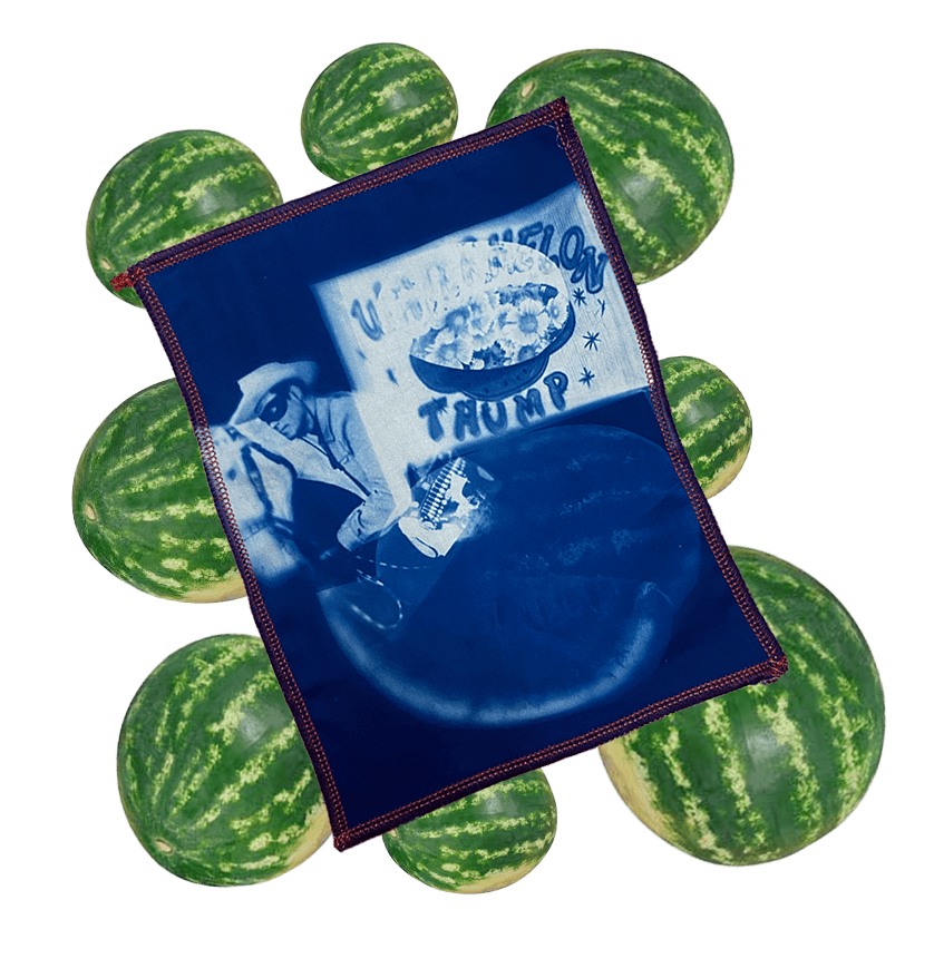 scan of cyanotype with watermelons in the background