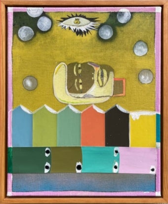 John Paul Kesling. Hope For A Home, 2024, acrylic, paint swatches, graphite, spray paint, glitter, charcoal on linen, 20 x 16 x 0.5 inches. Image by and courtesy of the artist.