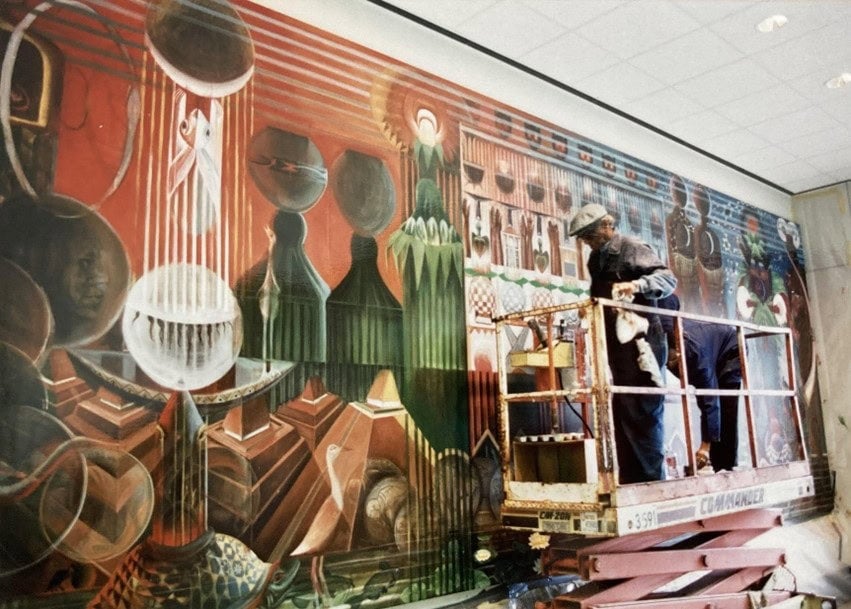 John T. Biggers working on Salt Marsh, 1997, located at University of Houston-Downtown Academic Building, Houston, Texas. Image by and courtesy of Public Art, University of Houston System.